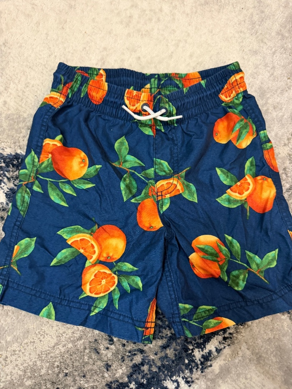 Old Navy Boys Size 8 Swim Trunks Navy Orange Fruit Print Drawstring